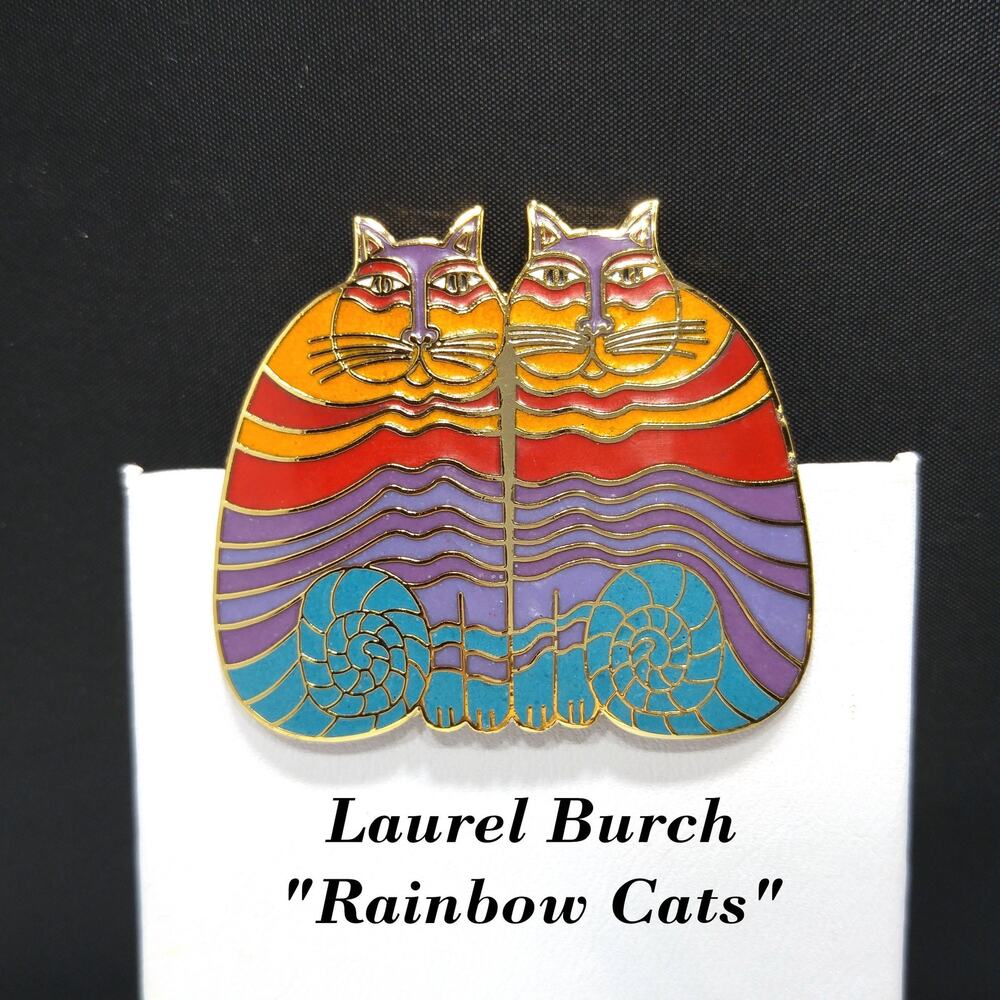 Laurel Burch "Rainbow Cats" Two Cat Brooch, Gold Plated Cloisonne Enamel, 1980s